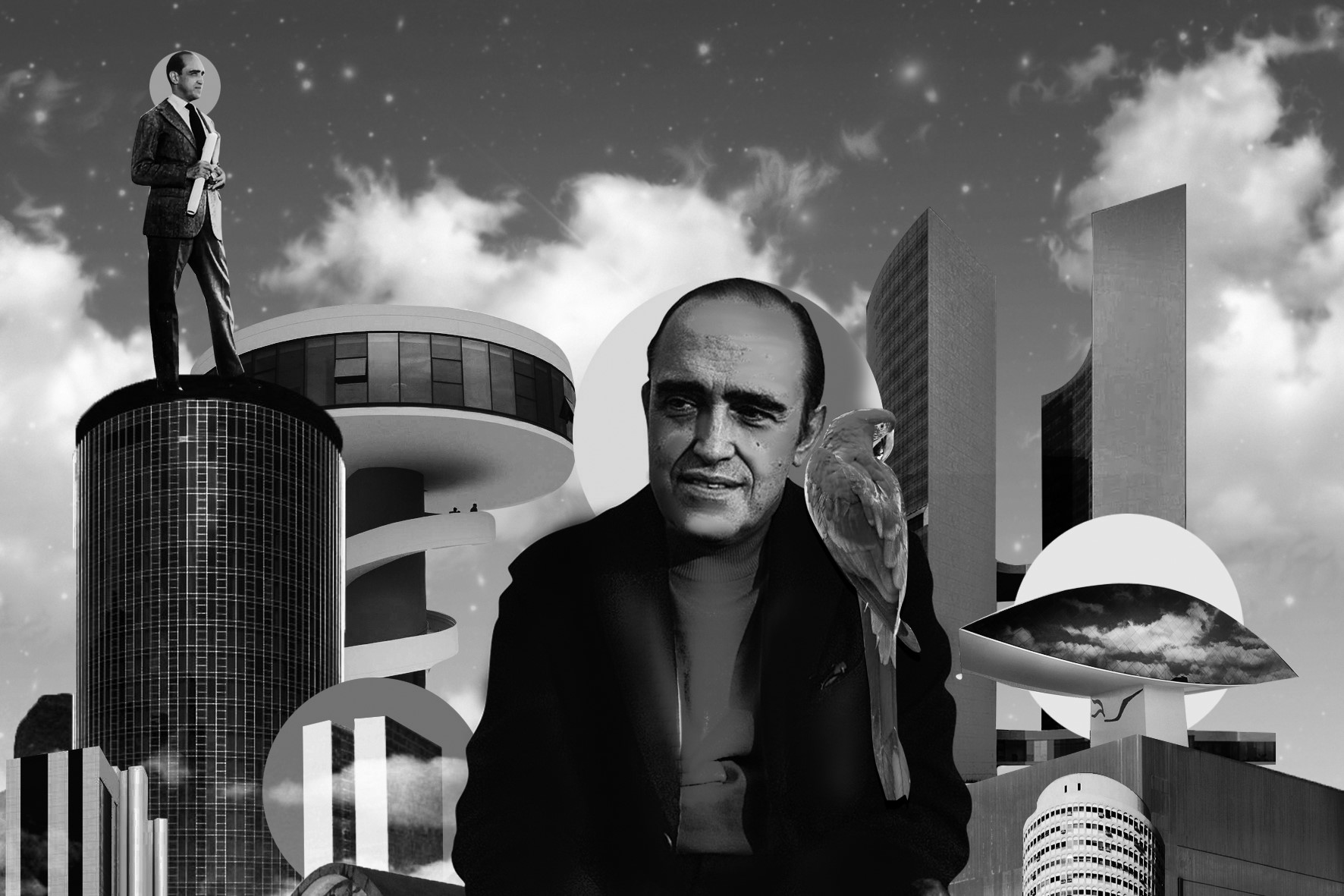 Black and white collage of Oscar Niemeyer with his iconic buildings