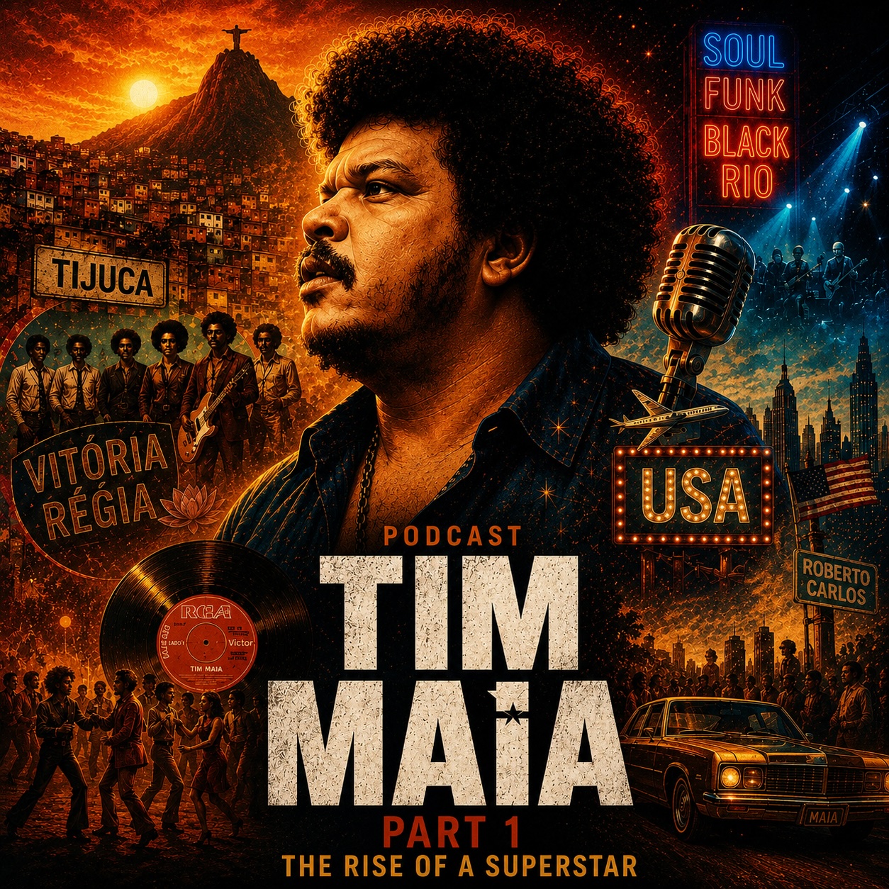 Podcast artwork for Tim Maia Part 1 featuring scenes from Rio de Janeiro, the Tijuca neighborhood, soul and funk music, and the early rise of Brazilian singer Tim Maia.
