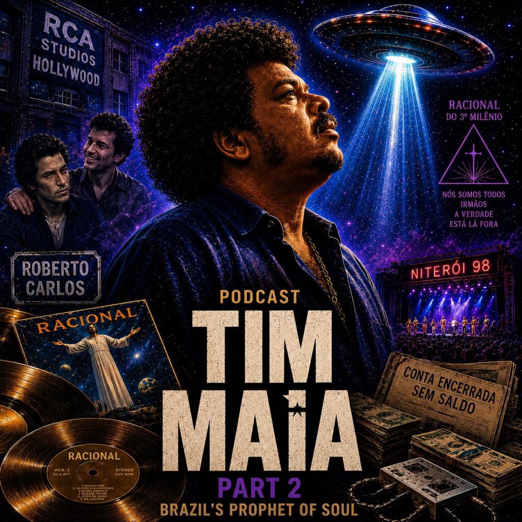 Podcast artwork for Tim Maia Part 2 featuring Tim Maia, the Rational Culture movement, concerts, fame, financial struggles and the later years of the Brazilian soul legend.