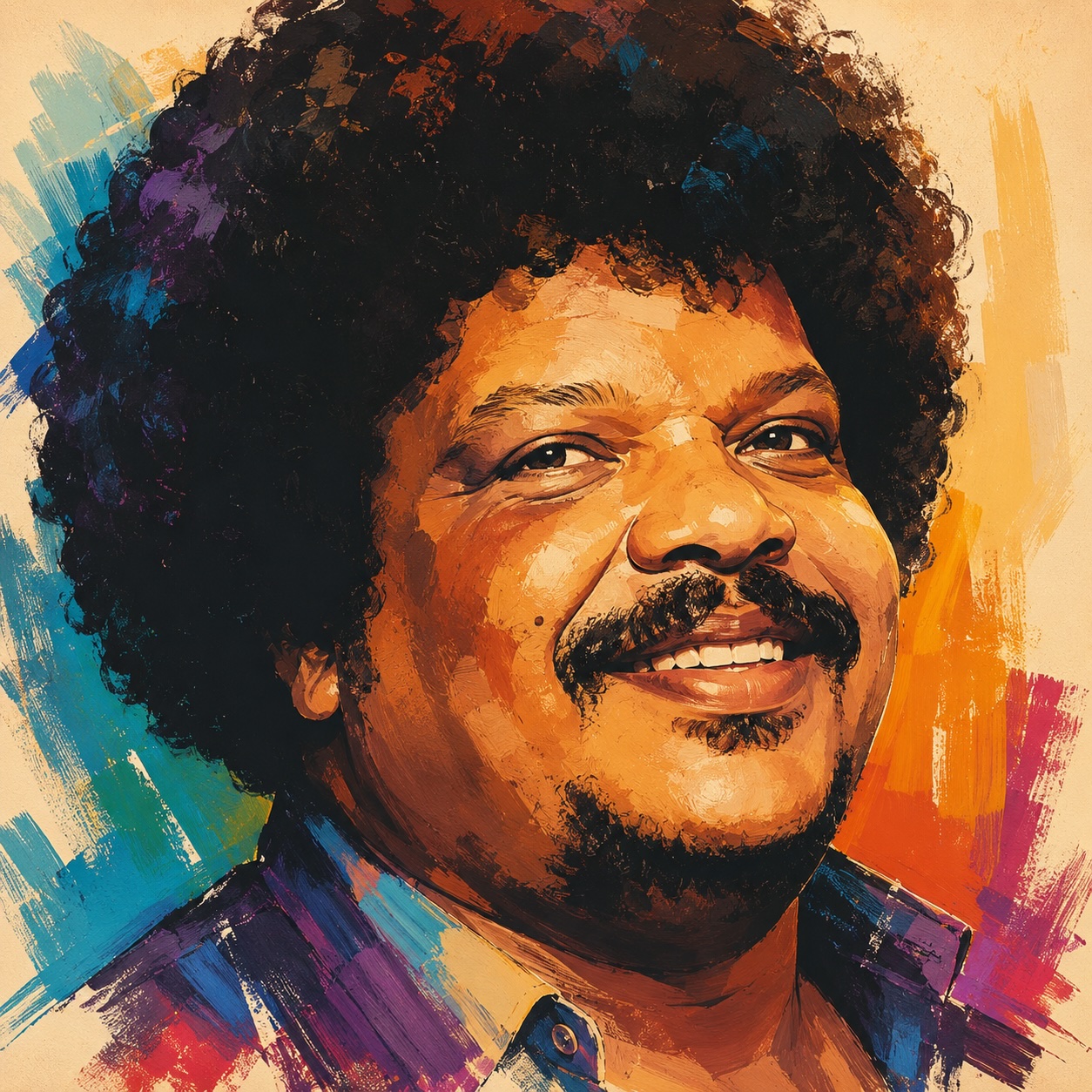 Illustrated portrait of Brazilian music icon Tim Maia, subject of a documentary podcast about his life, music and legacy.