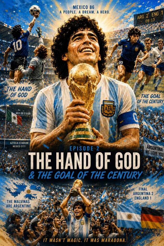 Diego Maradona holding the World Cup trophy alongside scenes from the Hand of God and Goal of the Century.