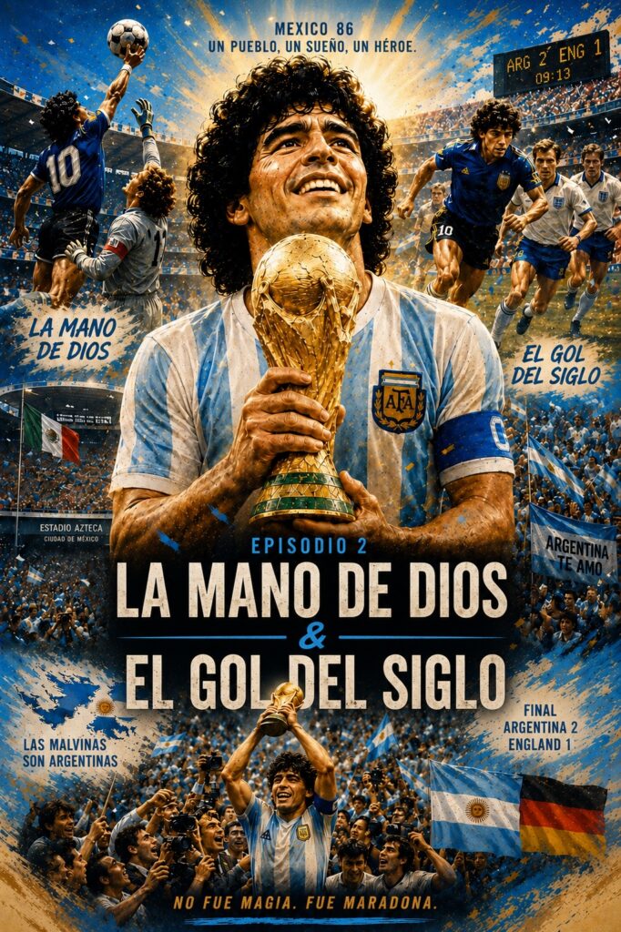Diego Maradona durante el Mundial de México 1986, con referencias a la Mano de Dios y al Gol del Siglo frente a Inglaterra. (C) Tom Noga