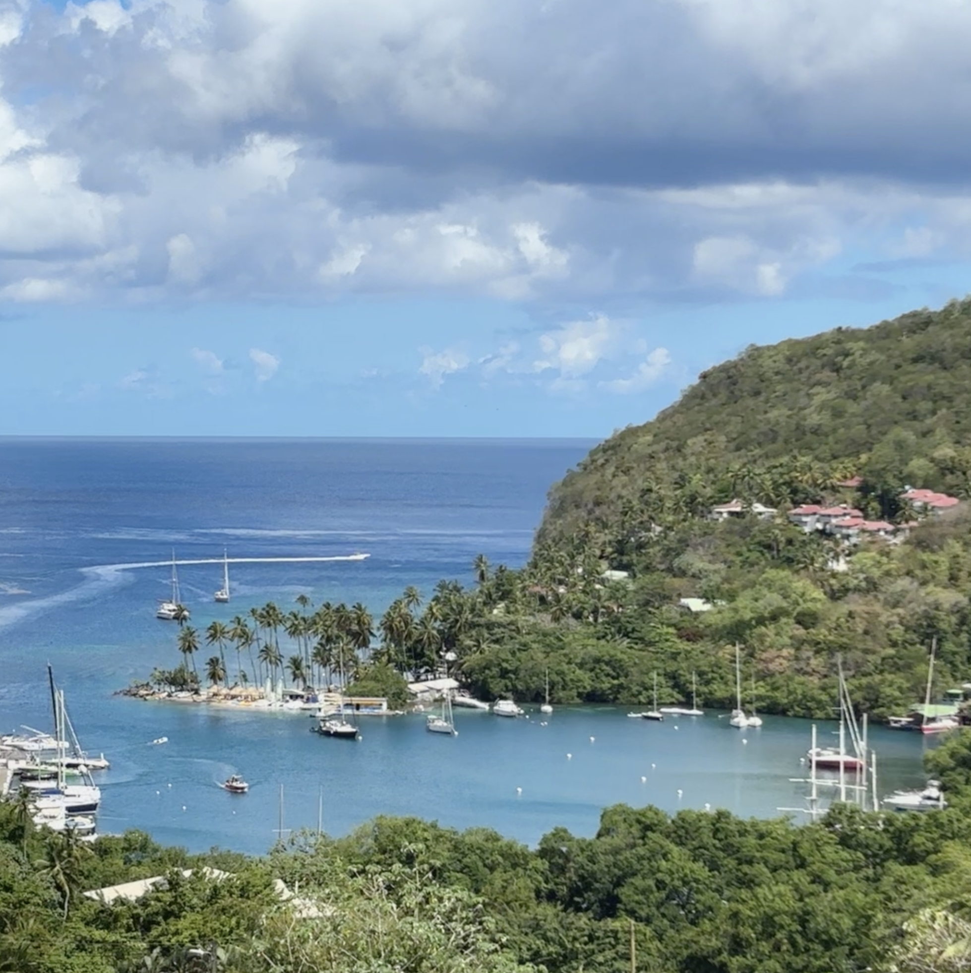 Overlooking Marigot Bay in Saint Lucia with sailboats anchored in a tropical Caribbean harbor surrounded by lush green hills.