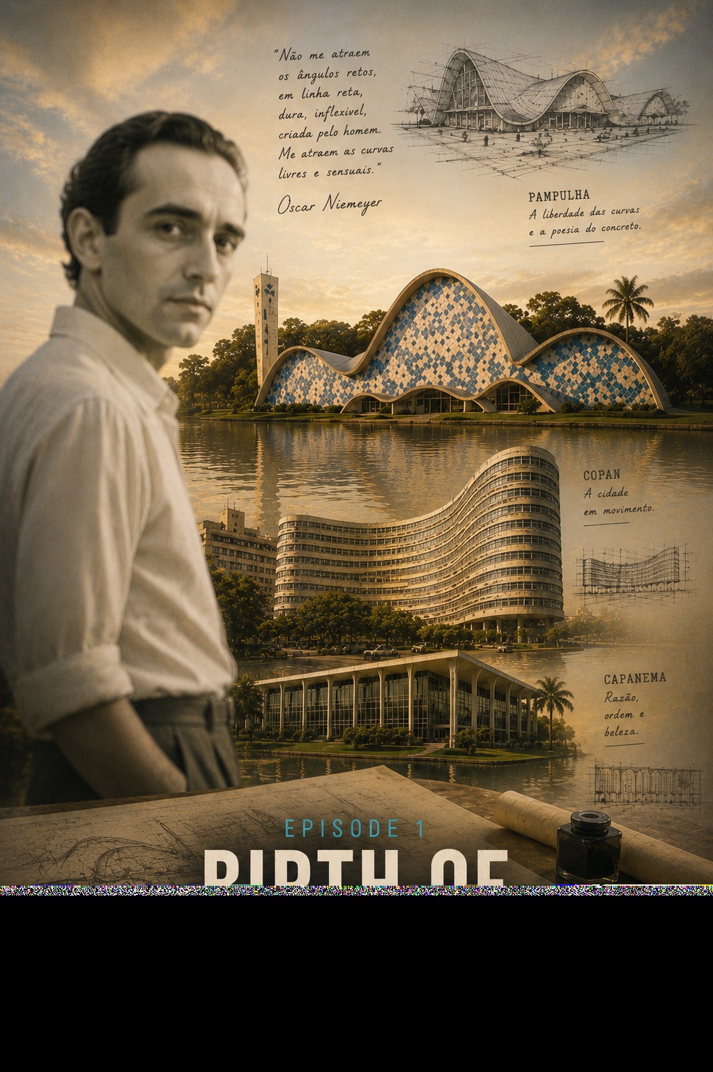 Young Oscar Niemeyer alongside the Pampulha Church and his earliest architectural works.