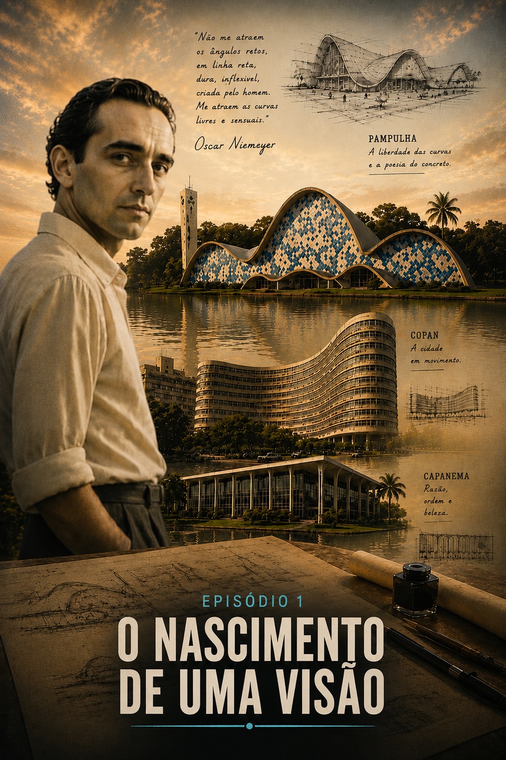 O jovem Oscar Niemeyer ao lado da Igreja da Pampulha e de seus primeiros projetos arquitetônicos.