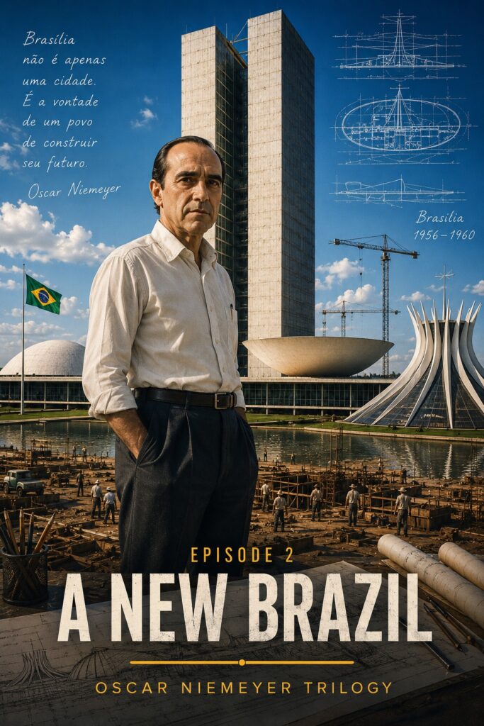 Oscar Niemeyer in front of Brasília’s National Congress during the construction of Brazil’s new capital.