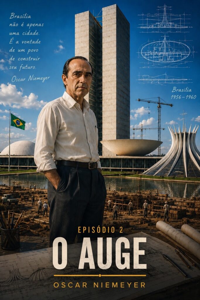 Oscar Niemeyer diante do Congresso Nacional durante a construção de Brasília.