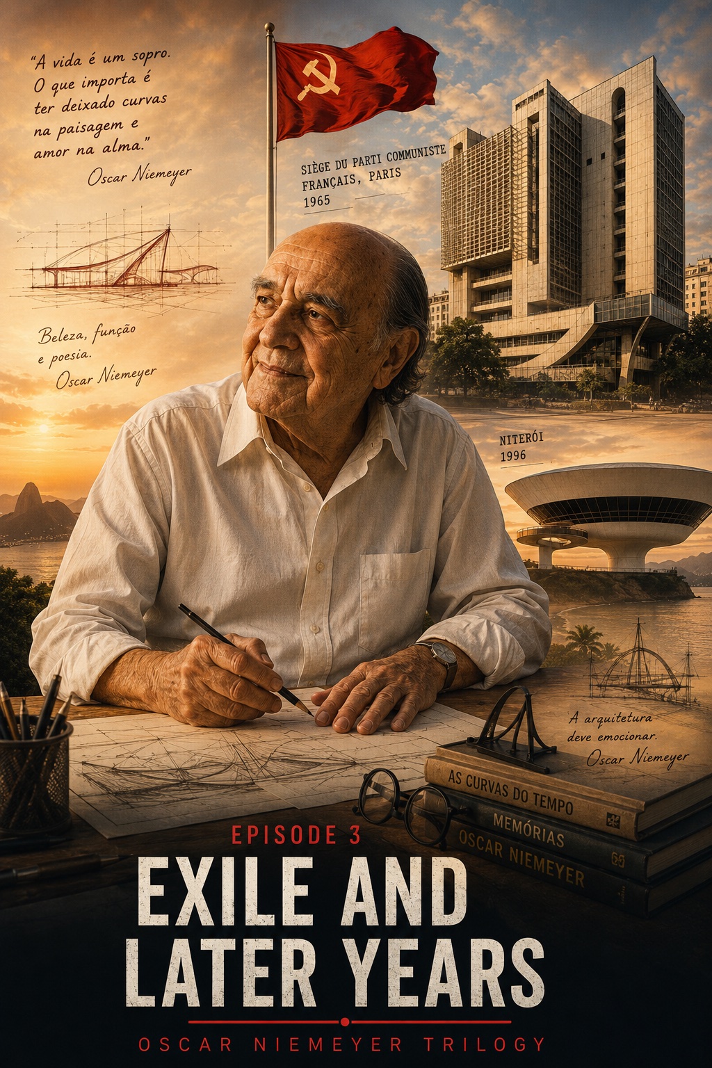 Oscar Niemeyer during his later years, surrounded by sketches, international projects and the Museum of Contemporary Art in Niterói.