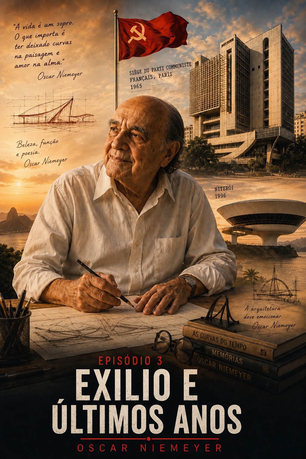 Oscar Niemeyer em seus últimos anos, cercado por desenhos, projetos internacionais e o Museu de Arte Contemporânea de Niterói.