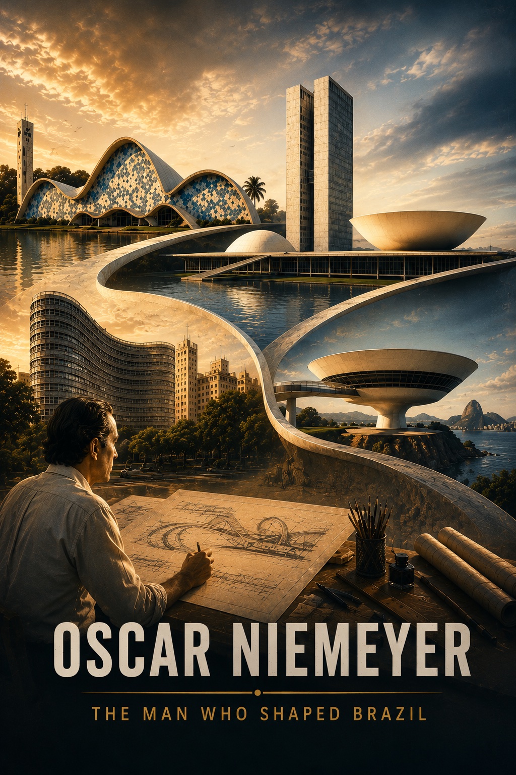 Oscar Niemeyer surrounded by his most iconic architectural works, including Pampulha, Brasília and the Museum of Contemporary Art in Niterói.