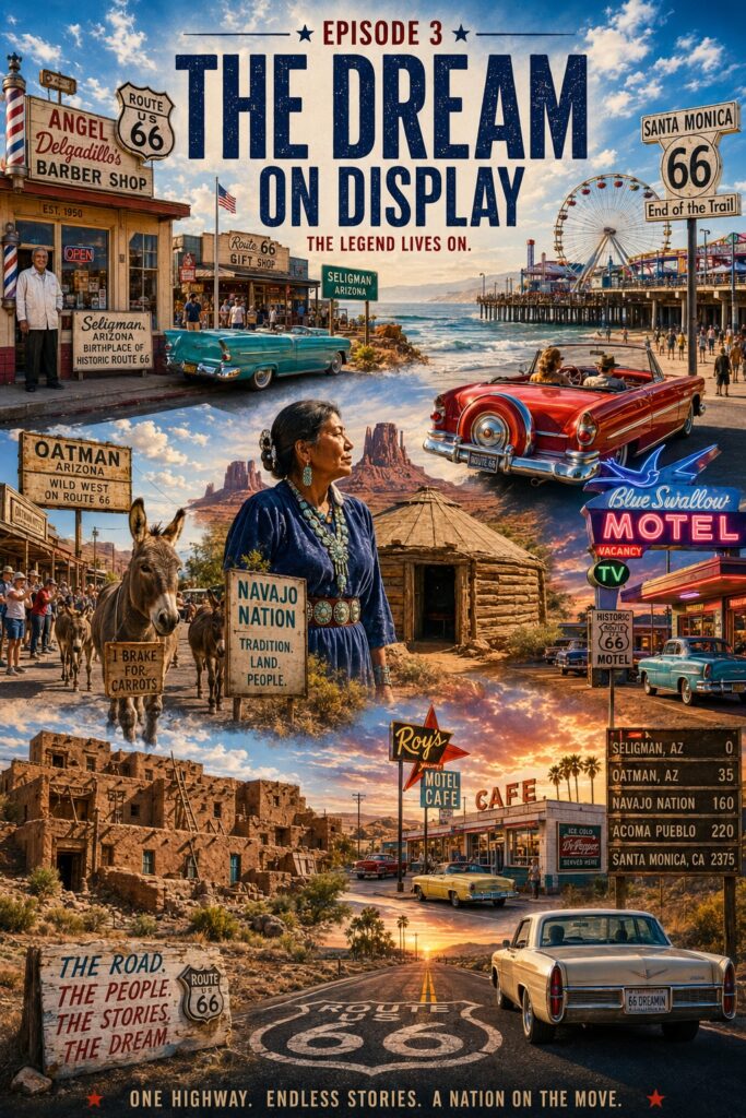 Route 66 in Arizona and California, featuring Seligman, Oatman, Navajo communities, desert landscapes and Santa Monica Pier. (C) Tom Noga