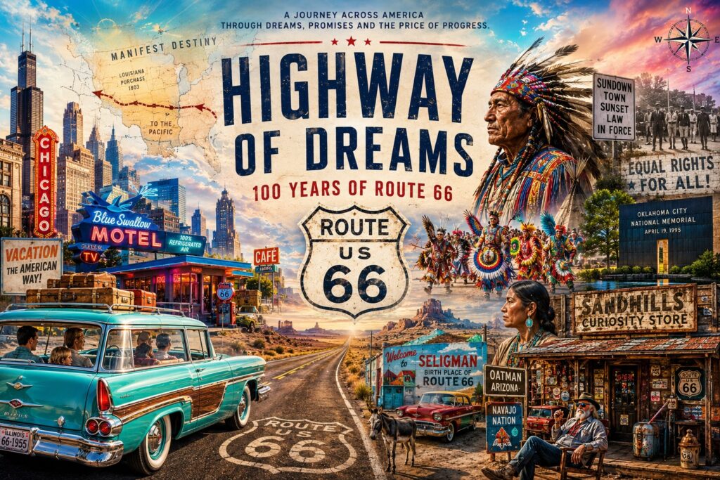 A cinematic collage of Route 66, featuring roadside attractions, Native American culture, classic automobiles, neon signs, Chicago and Santa Monica. (C) Tom Noga