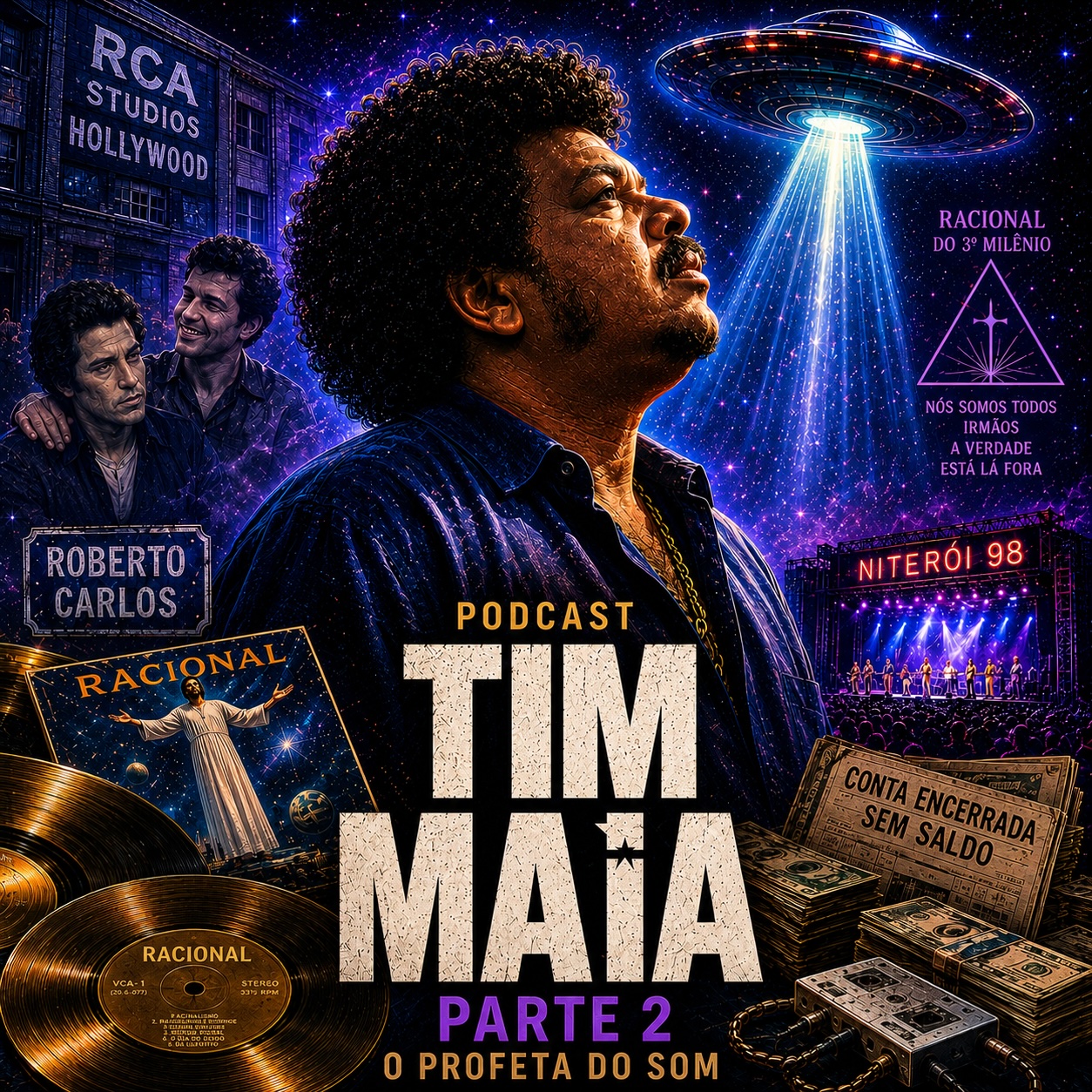 Arte do episódio O Profeta do Som destacando Tim Maia, a Cultura Racional, os anos de sucesso e seu legado musical.