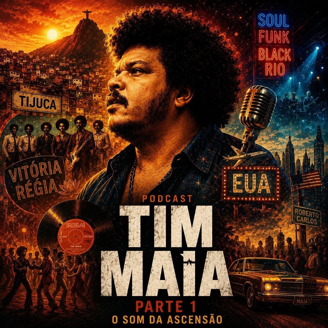 Arte do episódio O Som da Ascensão mostrando Tim Maia, o Rio de Janeiro, a Tijuca e o início de sua carreira musical.