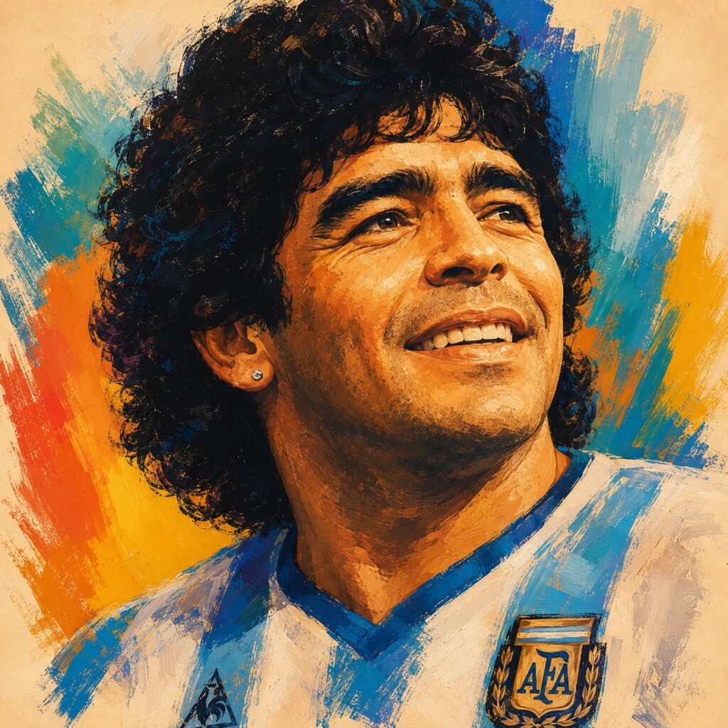 Artistic portrait of Diego Maradona against a colorful background.