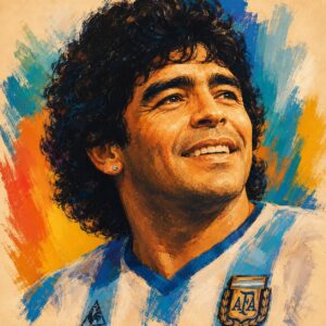 Artistic portrait of Diego Maradona against a colorful background.