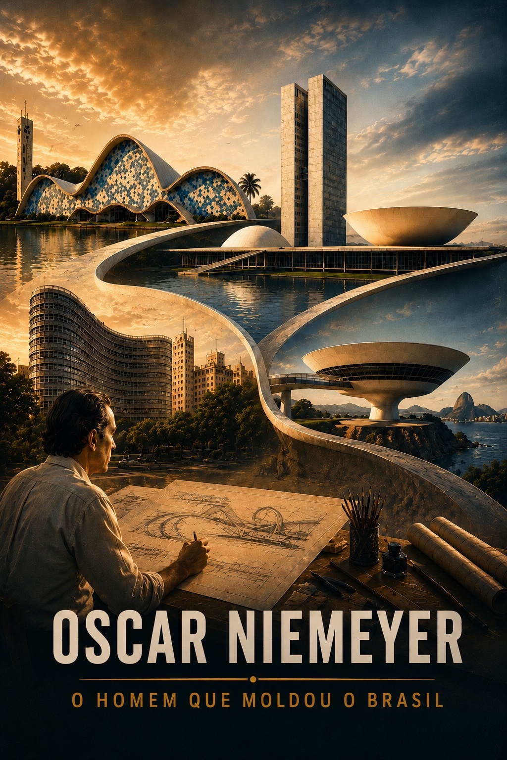 Oscar Niemeyer cercado por algumas de suas obras mais icônicas, incluindo Pampulha, Brasília e o Museu de Arte Contemporânea de Niterói.